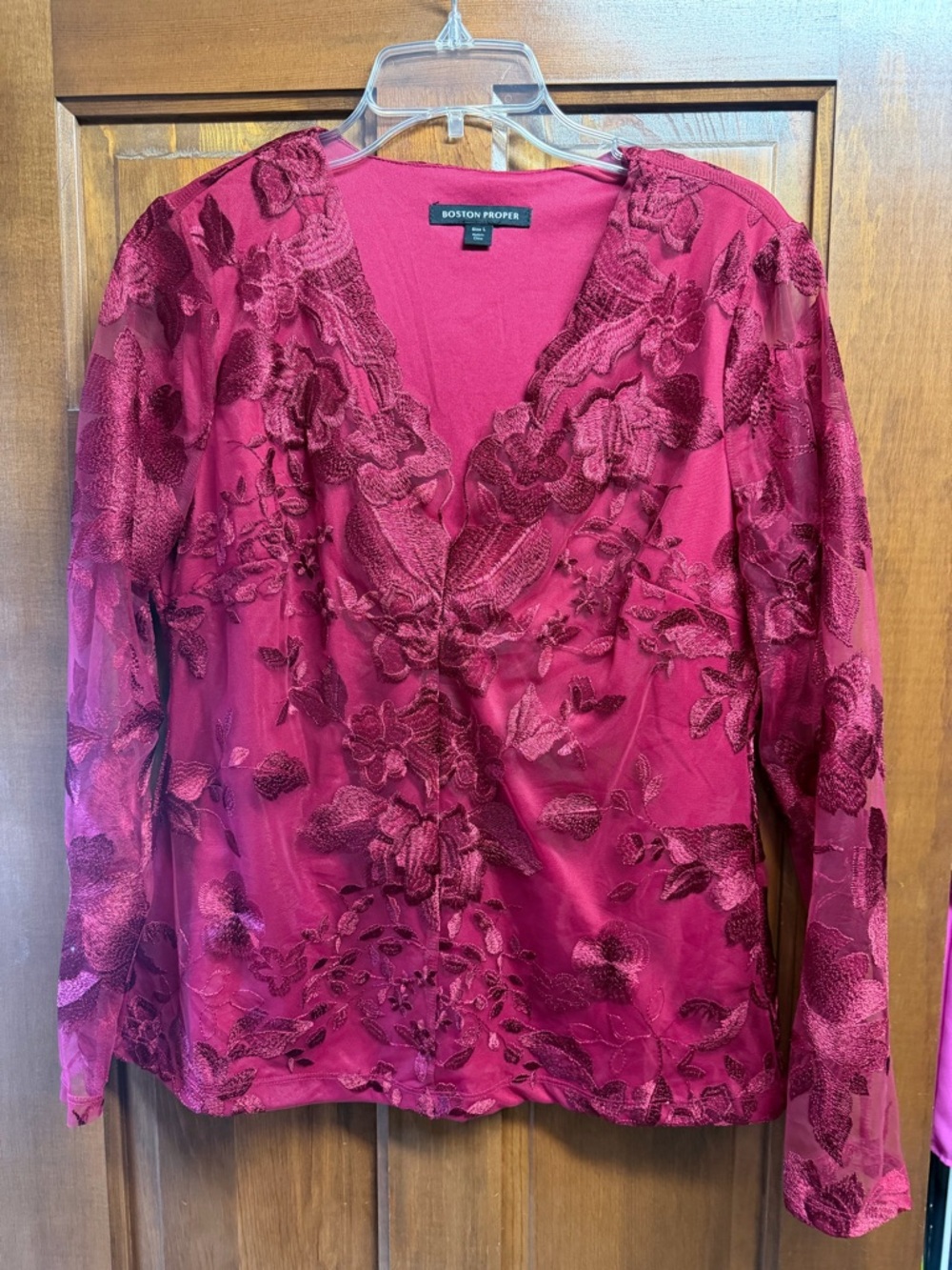 Boston Proper Burgundy Lace-Embroidered V-Neck Long Sleeve Top